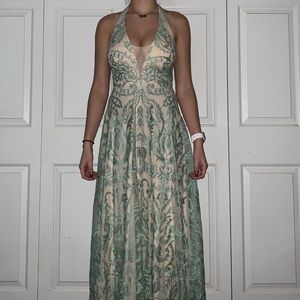 Halter strap prom gown (turquoise&tan)
